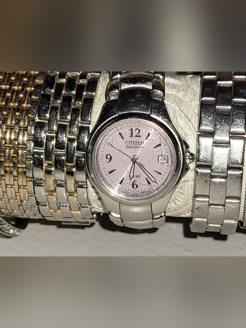 Citizen Eco-Drive Pink Dial Stainless Steel Women's Watch GUC No BATTERY EVER